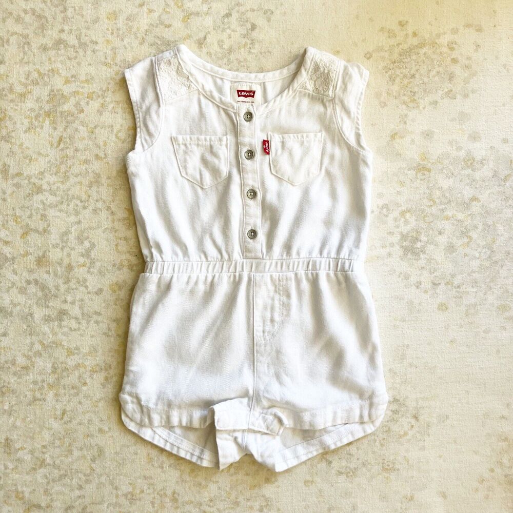 Levis Baby Girl 18M Romper White Sleeveless Pockets Summer Spring Casual